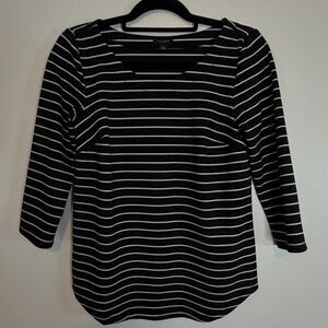 Ann Taylor Top Shirt Black With White Stripes 3/4 Sleeve Ponte Size XS Stretchy